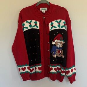 Holiday Time Festive Red Cardigan with Bear Motif